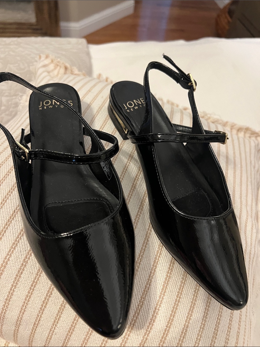 Jones New York Black Patent Pointed Slingback Flats with Ankle Strap